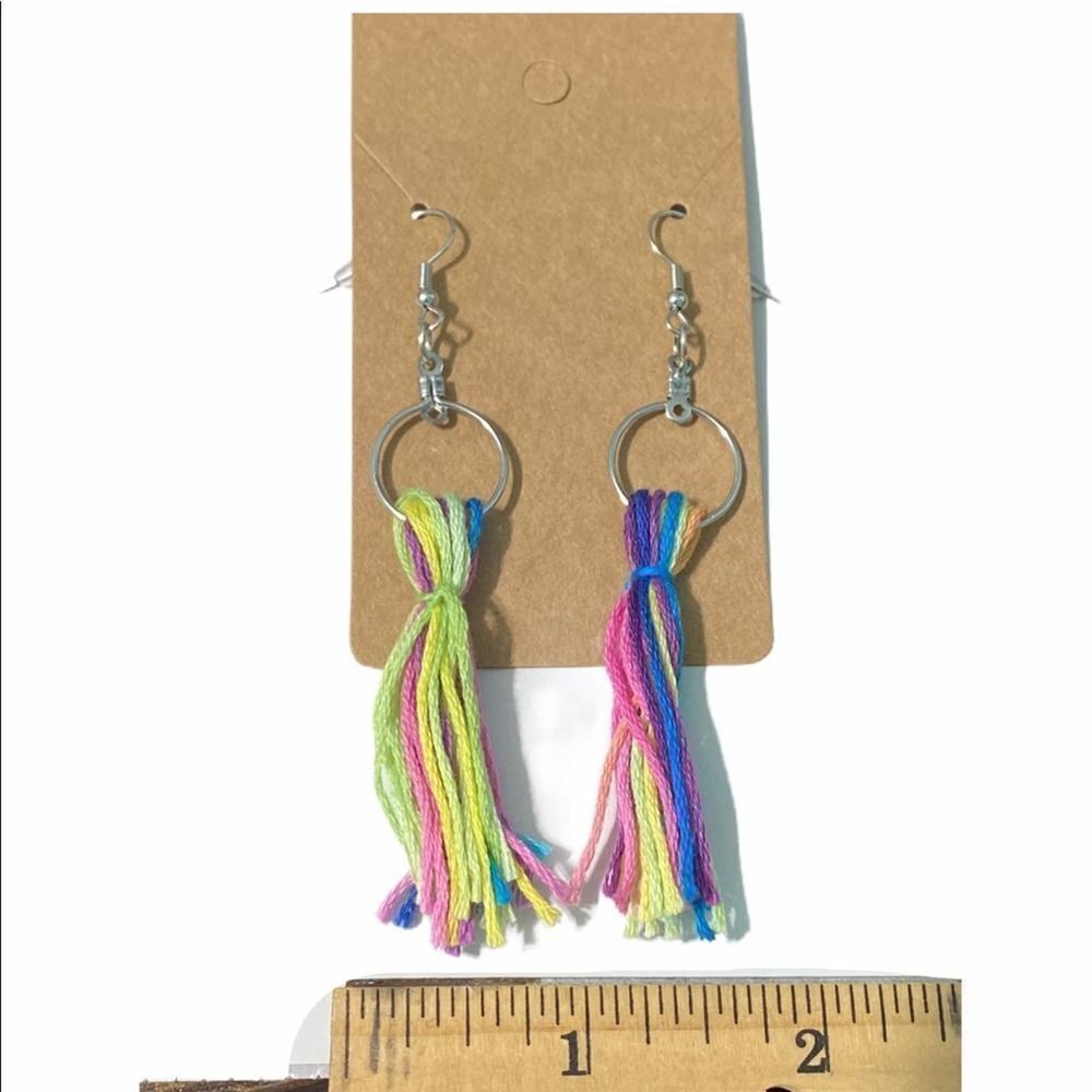 Rainbow Tassel Fringe Statement Earrings Slip On Dangle Hoop Silver Green Pink‎ - Picture 4 of 6